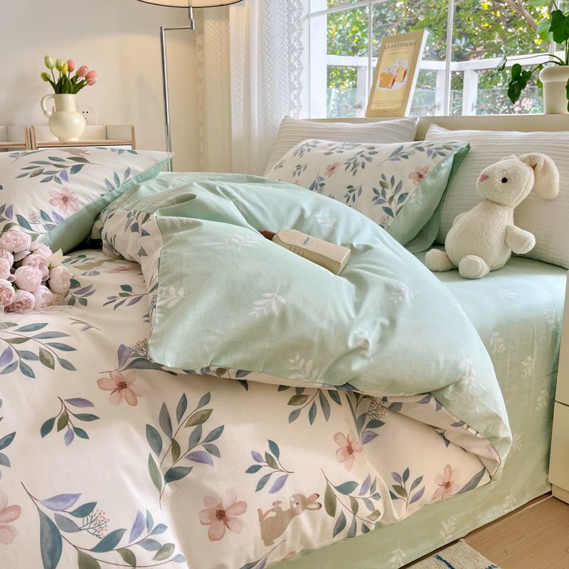 JazzHer Floral Bedding Set Ins Lilac Duvet Cover with Zipper No Filler Flat Sheet Pillowcase Twin Full Queen Size Girls Bed Linens