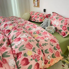 JazzHer Ins Pink Tulip Bedding Set Floral Duvet Cover Flat Sheet with Pillowcases No Filling Single Queen Size Boys Girls Bed Linen