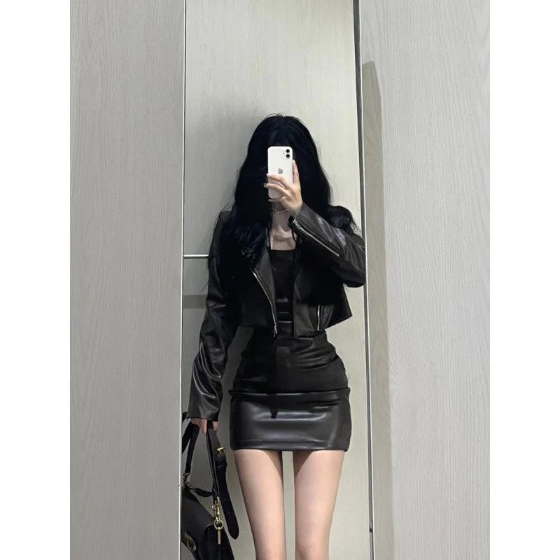 cold weather outfits JazzHer 2024 Autumn New Women's Cropped Leather Jacket Tank Dress Slimming Bodycon Skirt Trendy Fashionable Female Dress Set