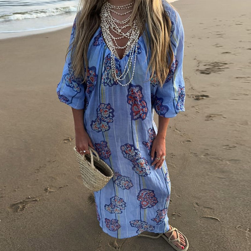 JazzHer Loose Striped Print linen Maxi Dress Women Fashion V-neck Lantern Sleeve Female Holiday Dresses 2024 Summer Lady Beach Robes New