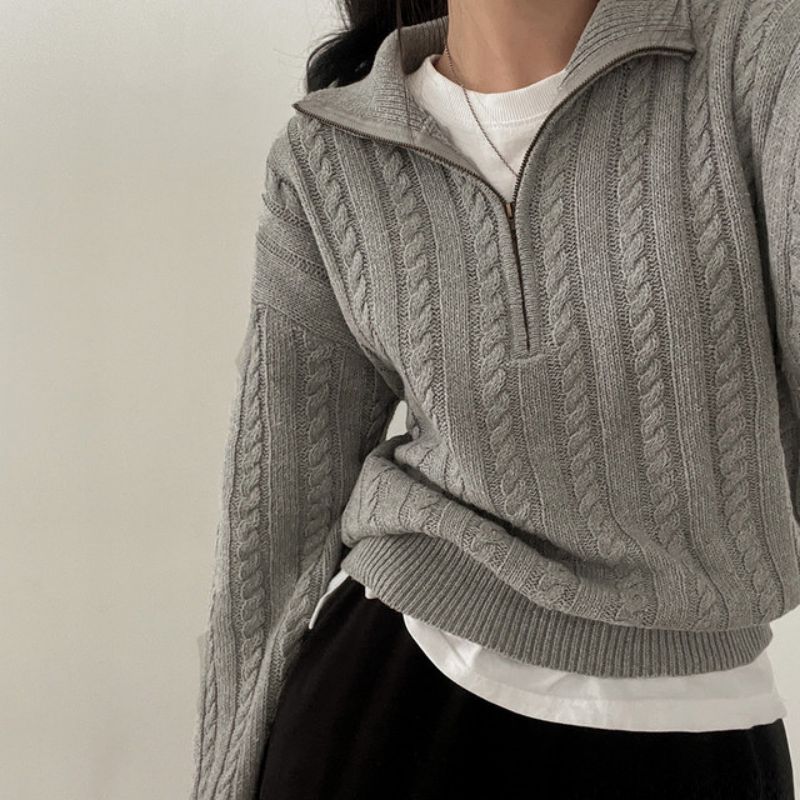 JazzHer Vintage Lapel Neck Cable Knit Sweater