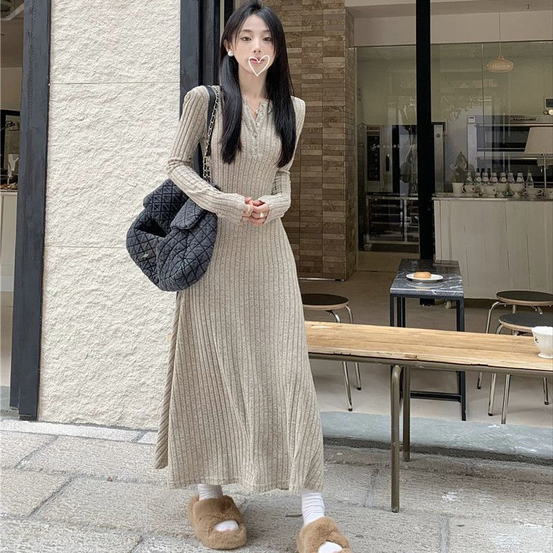 JazzHer Vintage Long Sleeve Dresses Women Elegant Slim Knitted Basic Long Dresses Autumn Winter New Warm All Match Female Base Vestidos
