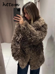 JazzHer Vintage Women's Fluffy Fur Coat Loose Lapel Long Sleeve Female Furry Jacket 2024 Autumn Winter Lady Street Solid Thicken Outwear