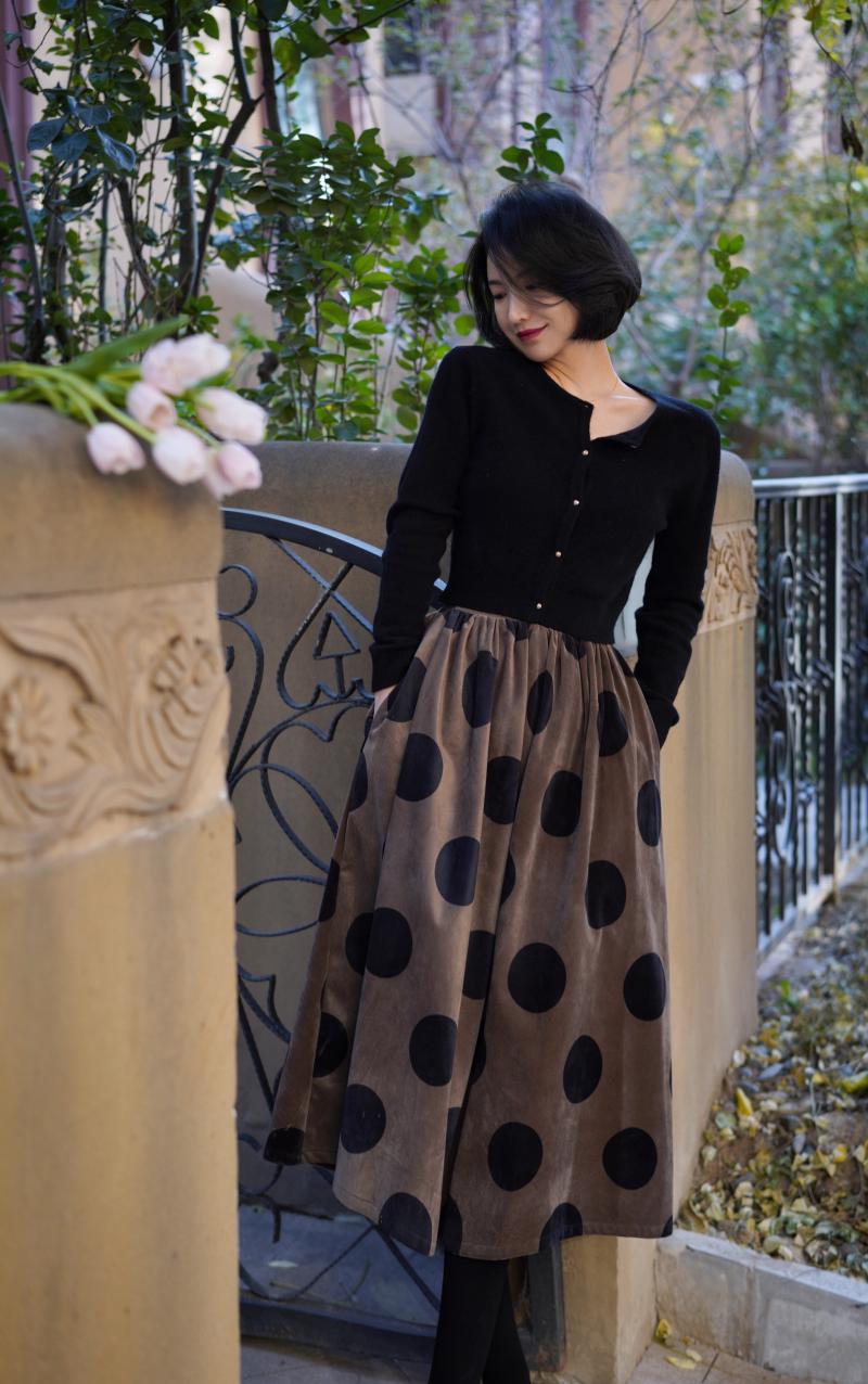 Jazzher Birch Brown Polka Dot Velvet Umbrella Skirt