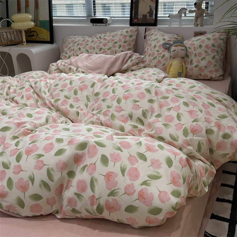 JazzHer White Green Bedding Set Floral Ins Duvet Cover with Zipper No Filler Flat Sheet Pillowcase Twin Queen Size Bed Linens
