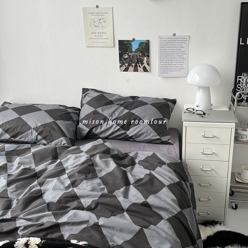JazzHer Fashion Bedding Set Hot Checkerboard Boys Girls Single Double Queen Size Flat Sheet Quilt Duvet Cover Pillowcase Bed Linens
