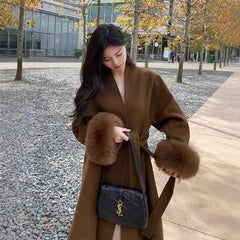 cold weather outfits JazzHer 2024 New Women's Double-Sided Wool Coat Fox Fur Medium-Length Hooded Leather Jacket V-Neck Autumn/Winter