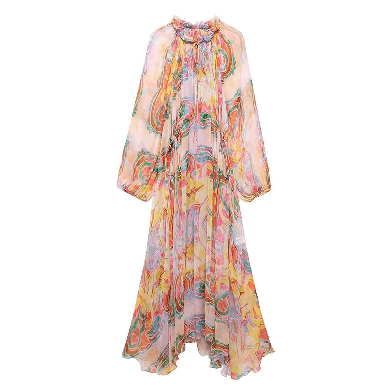 JazzHer Fashion Print Tulle Lace Up Dress Women Loose O-neck Long Lantern Sleeve Pleated Female Dresses 2024 Summer Lady Colorful Robes