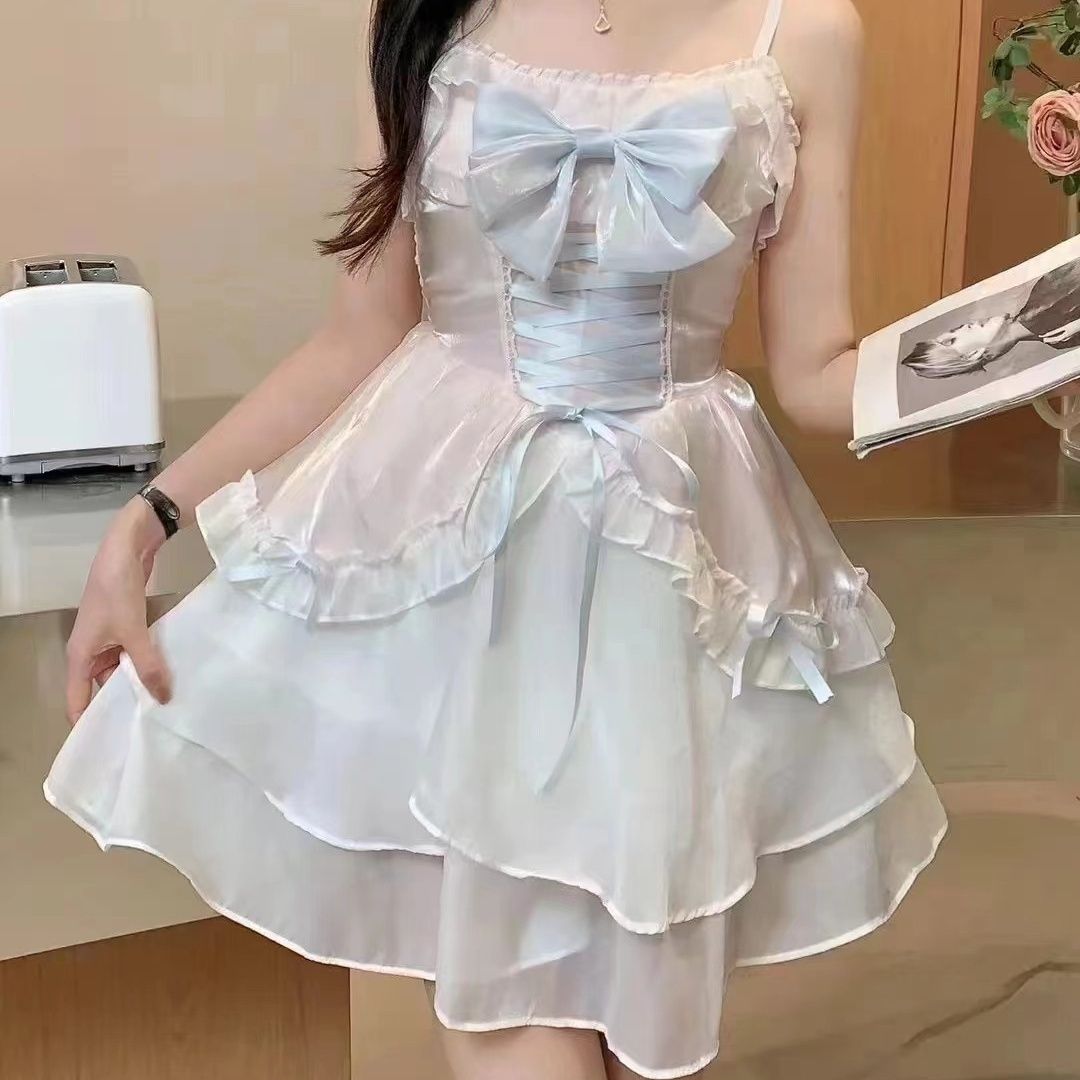 JazzHer Bow Sweet Lolita Girl Dress Women Clothing Korea Cute Bandage Sling Beach Dress Kawaii Summer Pulls Sexy Clothes Femme Dresses