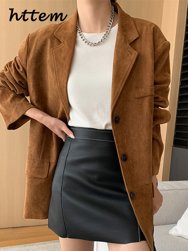 JazzHer Vintage Long Suede Suit Coat Women Loose Lapel Single Breasted Long Sleeve Female Jacket 2024 Autumn Winter Lady Street Overcoat