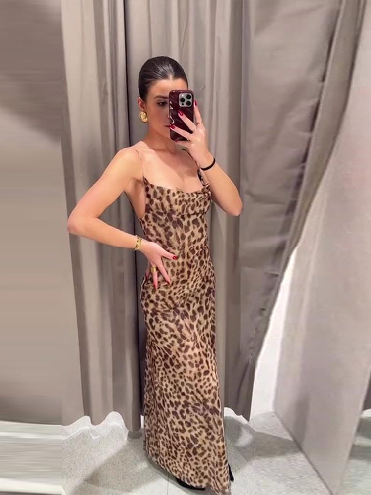 JazzHer Leopard Print Mesh Sling Dress Women Sexy Backless Sleeveless Hip Package Female Dresses 2024 Summer Lady Evening Party Robes