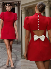 JazzHer Elegant Bow Hollow Out Mini Dress Women Slim Half High Collar Puff Sleeve Backless Female Dresses 2024 Summer Lady Party Robes