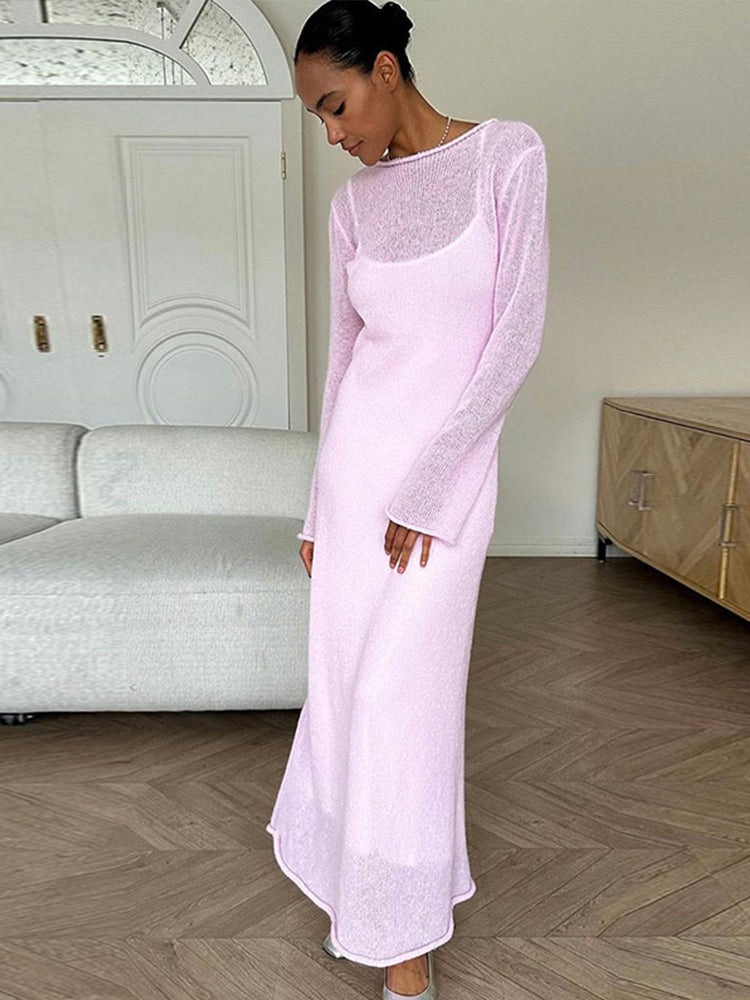 JazzHer Elegant Knit Hollow Out Lining Women Dress Set Solid Long Sleeve O-neck Female Dresses Suit 2024 Summer Lady Beach 2 Piece Sets