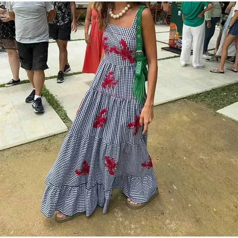 JazzHer Embroidery Plaid Long Dresses Women Sleeveless Slip Midi Dress Woman Pleated Backless Beach Dress Vintage Summer Dress