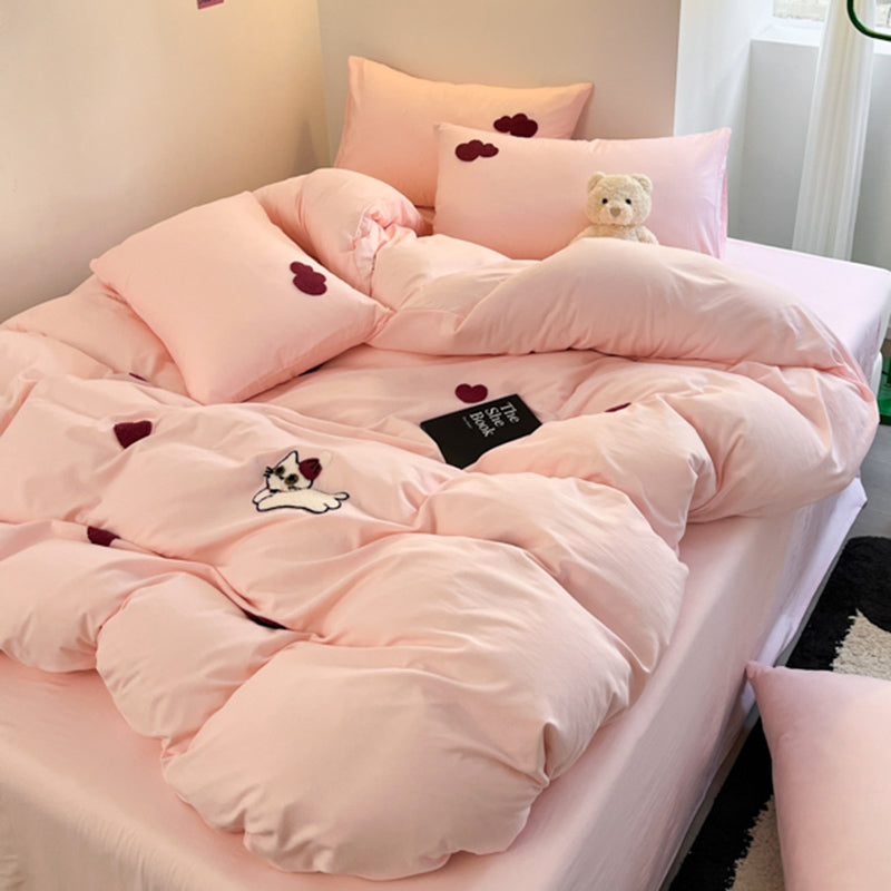 JazzHer Cookie Dog Embroidery Bedding Set Twin Queen Duvet Cover Set Pillowcases for Adult Kids Bed Flat Sheet Cute Quilt Cover Kawaii