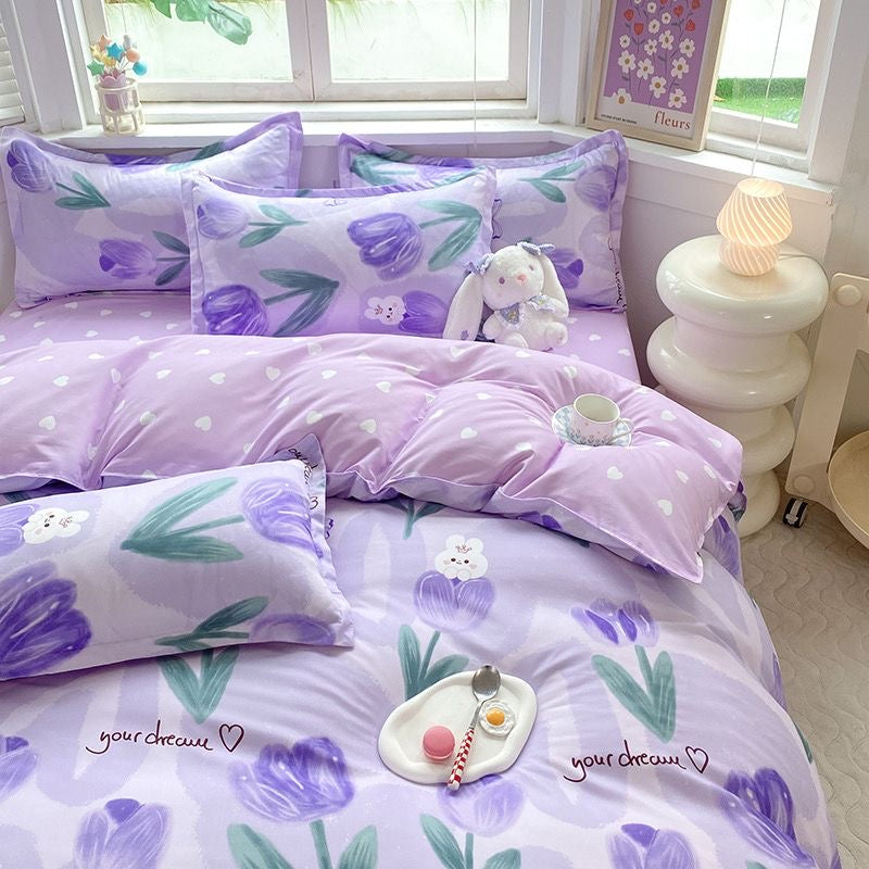 JazzHer Ins Blue Flower Duvet Cover Set Soft Flat Sheet Quilt Cover Pillowcase Bed Linen Girls Twin Queen Full Size Fashion Bedding Sets