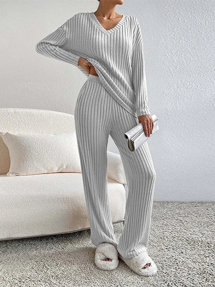 thanksgiving outfit JazzHer Casual Knitted Ribbed Pants Sets Women Solid Loose V Neck Long Sleeve Pullover Long Trousers 2024 Autumn New in Matching Outfits