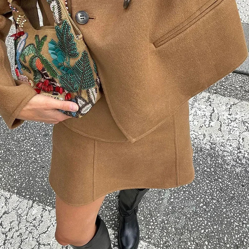 JazzHer Vintage Short Woolen Coats Mini Skirt Sets Women Chic O-neck Double Breasted Coat A-line Skirt 2024 Autumn Lady Elegant Outfits