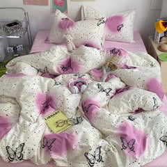 JazzHer Floral Korean Style Duvet Cover Set No Filler Pillowcase Flat Sheet Twin Queen Size Boys Grils Romantic Bedding Kit