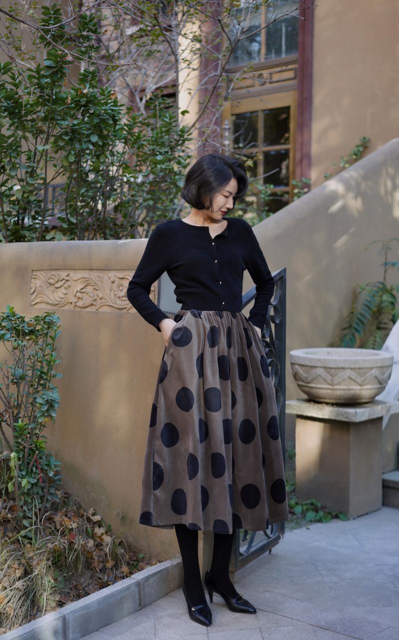 Jazzher Birch Brown Polka Dot Velvet Umbrella Skirt