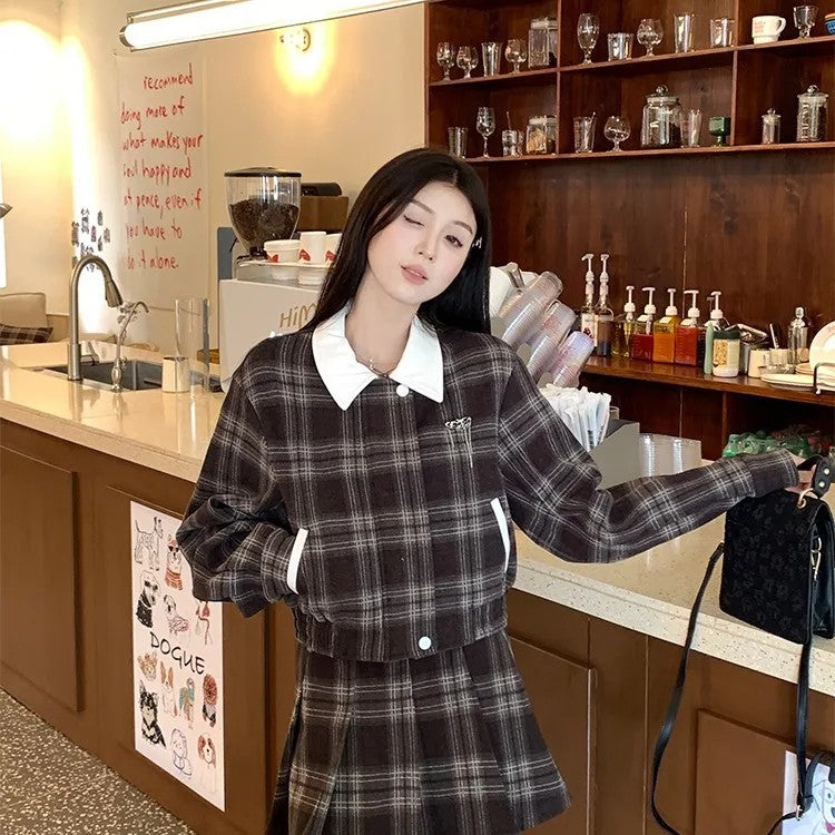 cold weather outfits JazzHer 2024 Autumn New Women's Plaid Jacket And Skirt Set Chic Vintage Simple Style With Leather Belt Fashion Dress Outfit