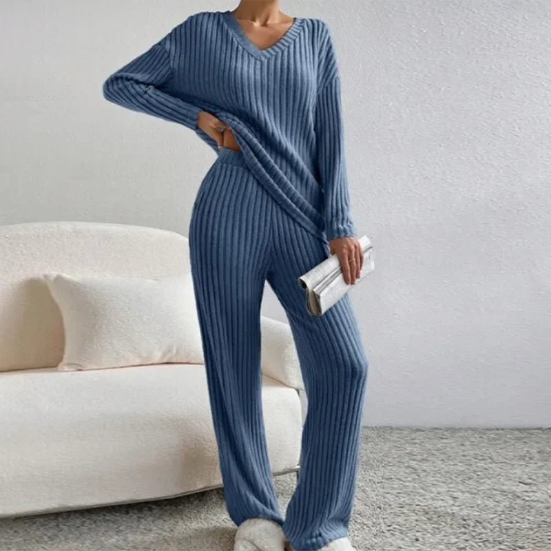 thanksgiving outfit JazzHer Casual Knitted Ribbed Pants Sets Women Solid Loose V Neck Long Sleeve Pullover Long Trousers 2024 Autumn New in Matching Outfits