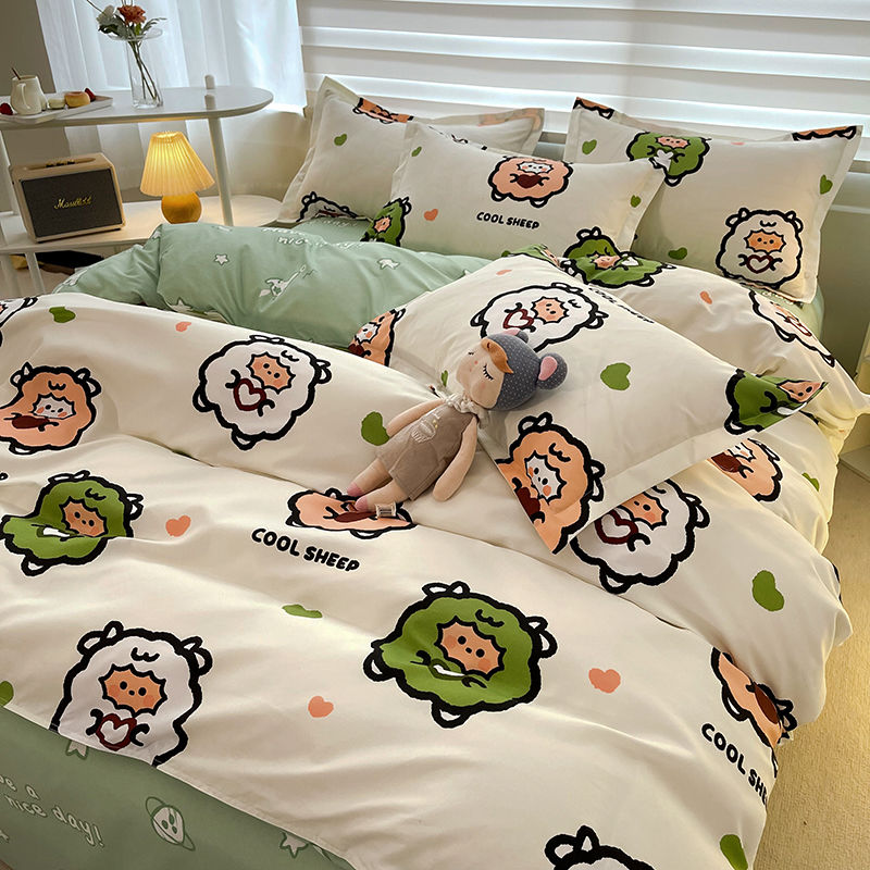 JazzHer Cute Cartoon Bedding Set Kids Single Double Size Boys Girls Duvet Cover Flat Sheet Pillowcases No Filler Home Textile