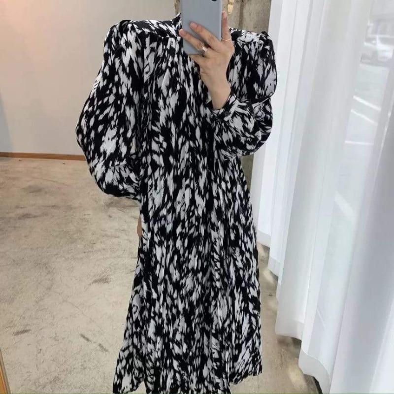 JazzHer Elegant Hit Color Female Lace-up Printed Midi Dress