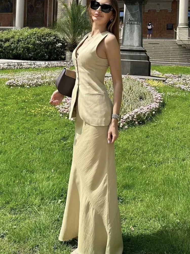 JazzHer Women Vest Skirt Sets Female Khaki Long Blazer Vest V Neck Sleeveless Slim Top+Elegant High Waist A Line Skirt Suit