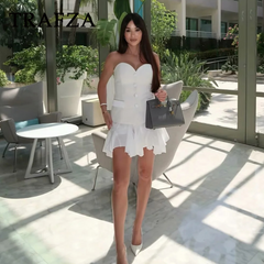 cold weather outfits JazzHer 2024 Spring Summer Sexy Solid Women Suits Fashion Strapless Sleeveless Single Breasted Tops+Folds Mini Shorts Skirts