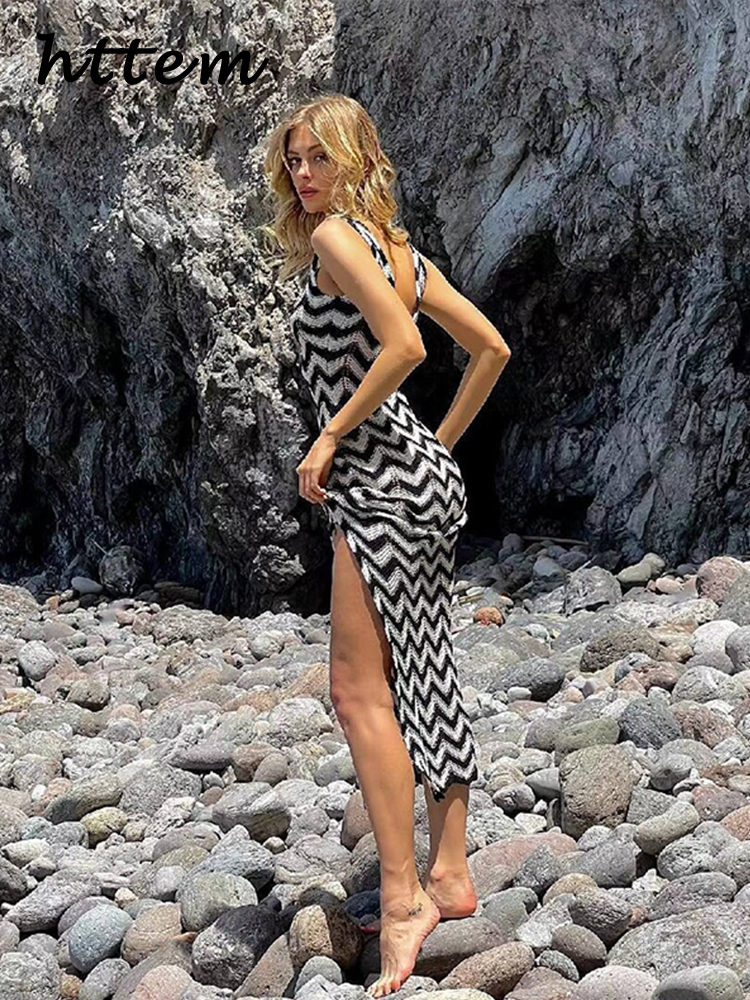 JazzHer Casual Knit Striped Long Dress Women O-neck Sleeveless Backless Split Beach Dresses 2024 Summer Lady Hollow Out Holiday Robe New