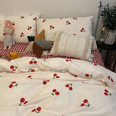 JazzHer 2024 Cherry Cute Bedding Set Flat Sheet Pillowcases No Filler Ins Spring Kids Audlt Single Full Size Home Hotel Bed Linens