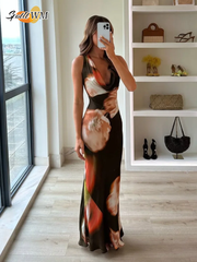 JazzHer Women Tie Dyed Print Ruffles Maxi Dress Elegant Swing Neck Slim Fit Maxi Dresses Sexy Open Back Summer Evening Party Gowns 2025