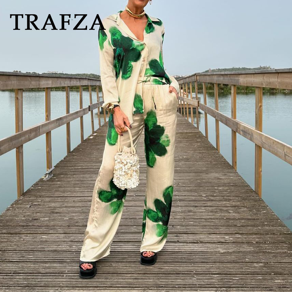 cold weather outfits JazzHer 2024 Spring Summer Casual Women Print Suits Fashion Streetwear Turndown Collar Loose Shirts+High Waist Wide leg pants