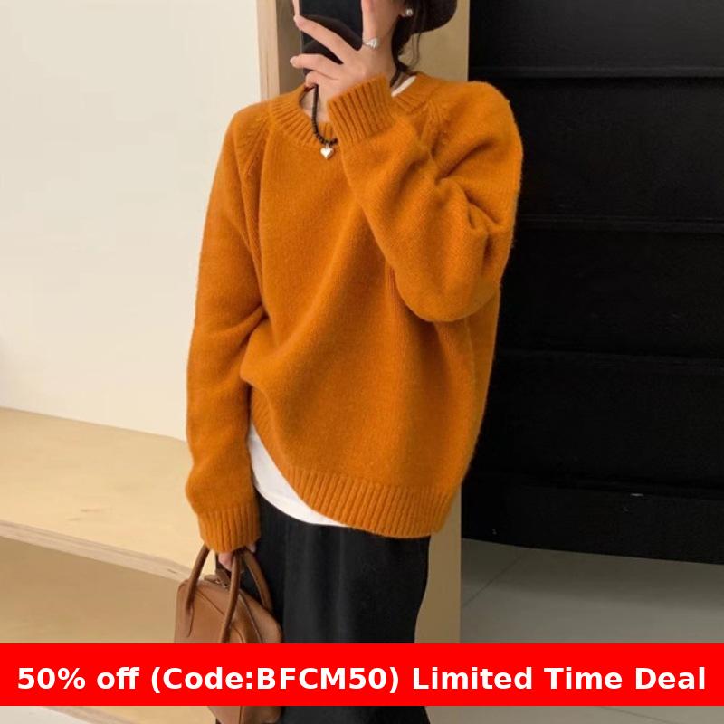 winter outfits men Orange round Neck Leather Standard Pullover Women's Autumn and Winter Korean Style High-Grade Loose Lazy Slimming Knitted Top