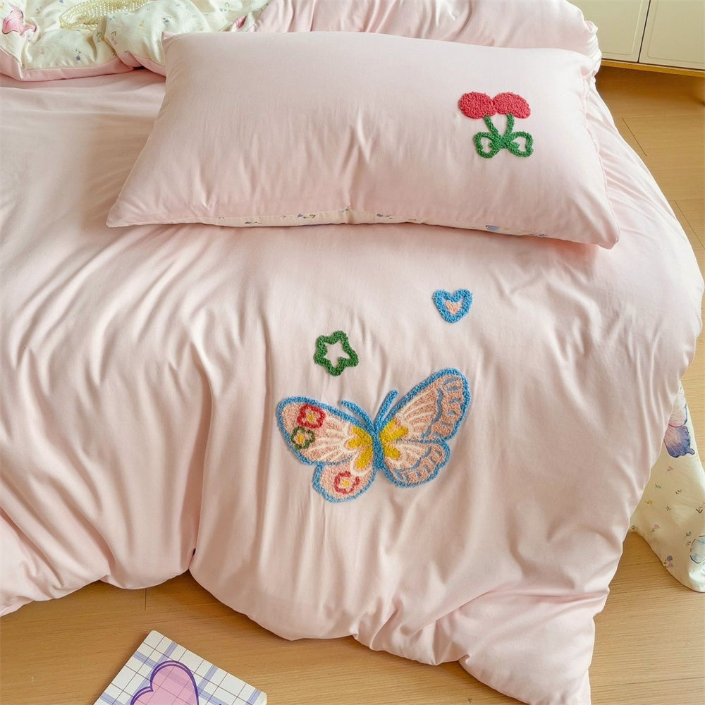 JazzHer Ins Style Embroidered Colorful Butterfly Bedding Sheet Nordic Duvet Cover Set Home Luxury No Filling Bedding Set Soft Bedspread