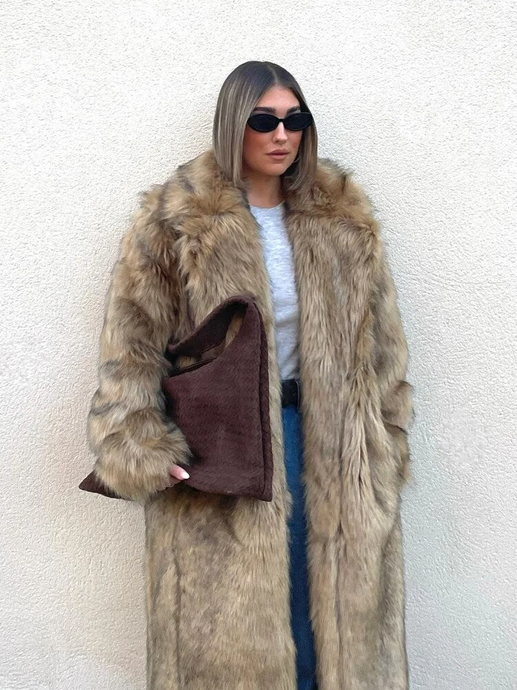 JazzHer Fashion Oversized Lapel Collar Faux Fur Long Coat For Women Chic Long Sleeve Thick Warm Fluffy Jacket 2025 Lady High Streetwear