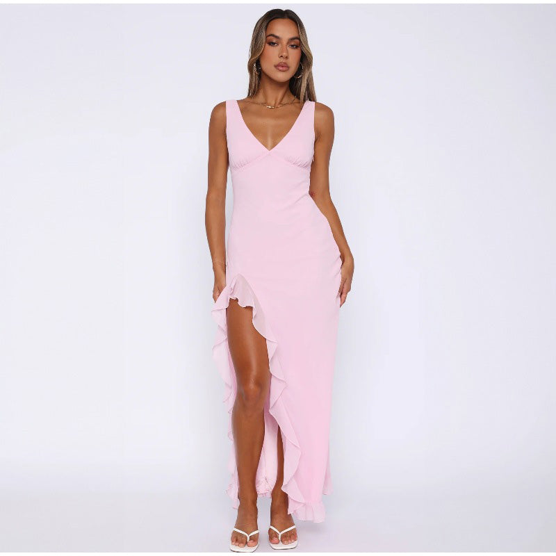 JazzHer Sexy Split Ruffles Strap Dress Women Slim V-neck Sleeveless Backless Female Maxi Dresses 2024 Summer Lady Solid Beach Party Robe