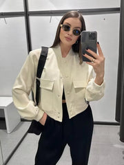 JazzHer Women Fashion With Pockets Bomber Jacket Coats Vintage Long Sleeve Front Button Casual Female Outerwear Chic Tops