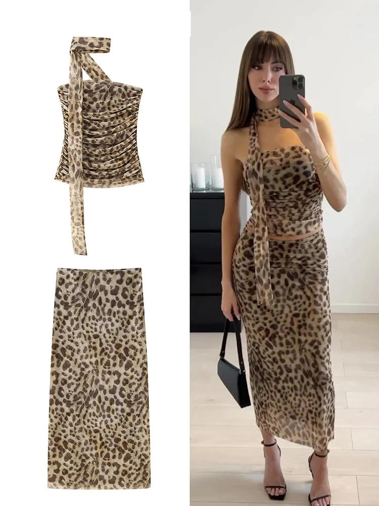 JazzHer Ladies Sexy Fashion 2 Piece Set Women Summer Tulle Leopard Pleated Tops Vintage High Waist Midi Skirt Female Chic Skirts Set