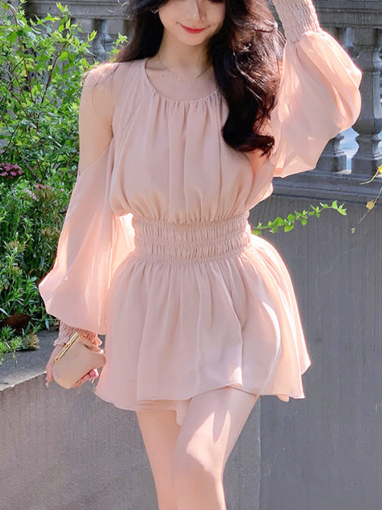 JazzHer 2025 Summer Pink Sweet 2 Piece Dress Set Woman Long Sleeve Retro Blouse + Y2k Mini Skirt Office Lady Korean Fashion Suit Chiffon