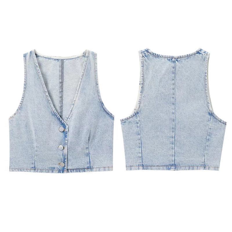 JazzHer Fashion Denim Vest Mini Skirt Suits Slim V-neck Sleeveless Single Breasted Vests High Waist Skirts 2024 Summer Lady 2 Pieces Set