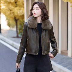 cold weather outfits JazzHer Women's Autumn Winter New Style Leather Jacket Large Collar Fleece Lined And Thickened Petite Jacket PULeather ZH1138