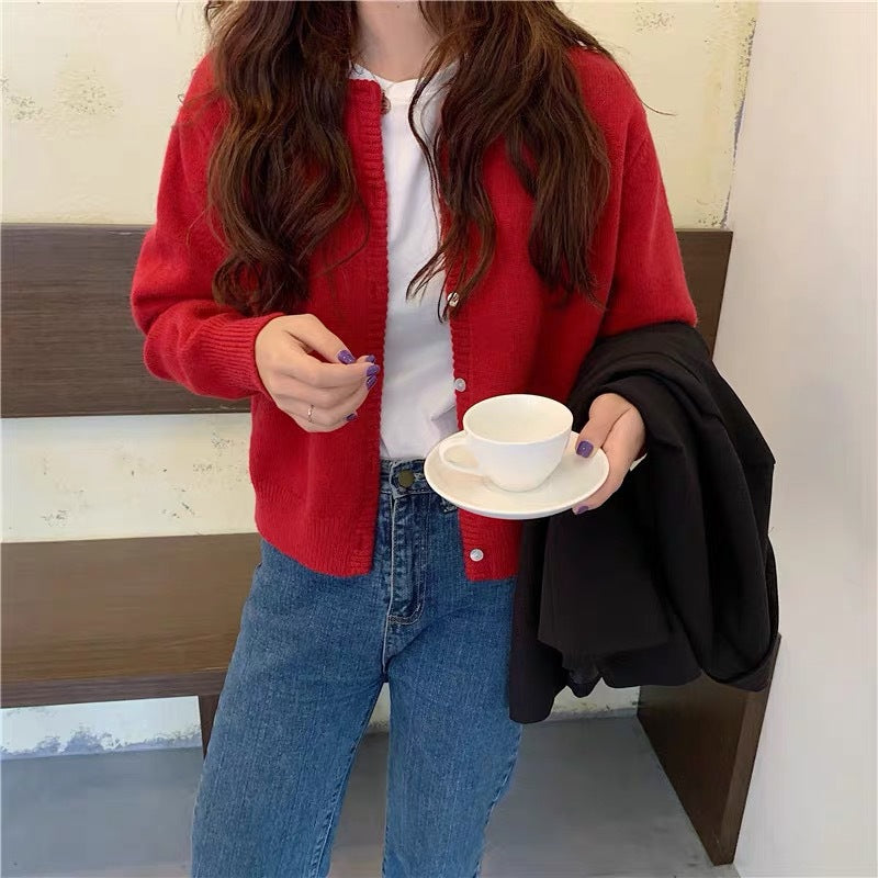 soulja boy outfits Spring and Autumn Simple Knitted Cardigan Women's College Style Loose Long Sleeve Solid Color Top Outer Sweater