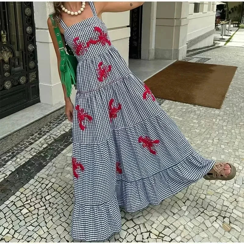 JazzHer Embroidery Plaid Long Dresses Women Sleeveless Slip Midi Dress Woman Pleated Backless Beach Dress Vintage Summer Dress