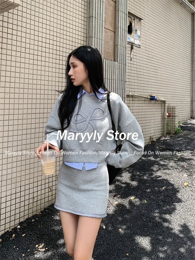 JazzHer Autumn  New Korean Preppy Style Sweet 3 Piece Set Women Y2k Bow Embroider Sweater + Striped Polo Shirt  + High Waist Mini Skirt