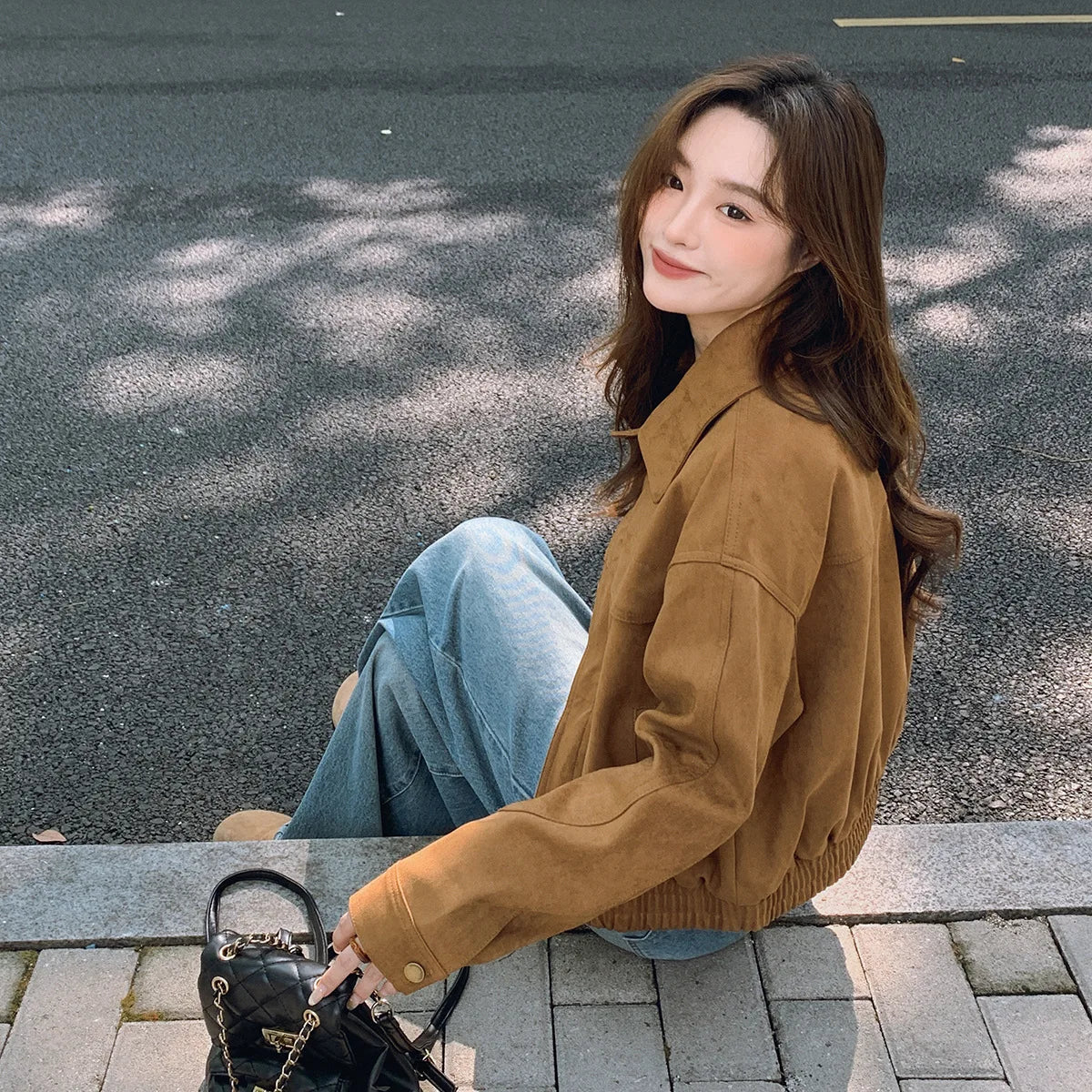 cold weather outfits JazzHer Coffeechamois Leather Chic Jacket 2024 Autumn New Simple Style Blogger Ins Sense Fresh Top Loose Fit Short Outerwear