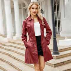 cold weather outfits JazzHer New Fashionable Medium-length Genuine Leather Coat Belt Long Sleeve For Spring Autumn Women's Leather Jacket 6652