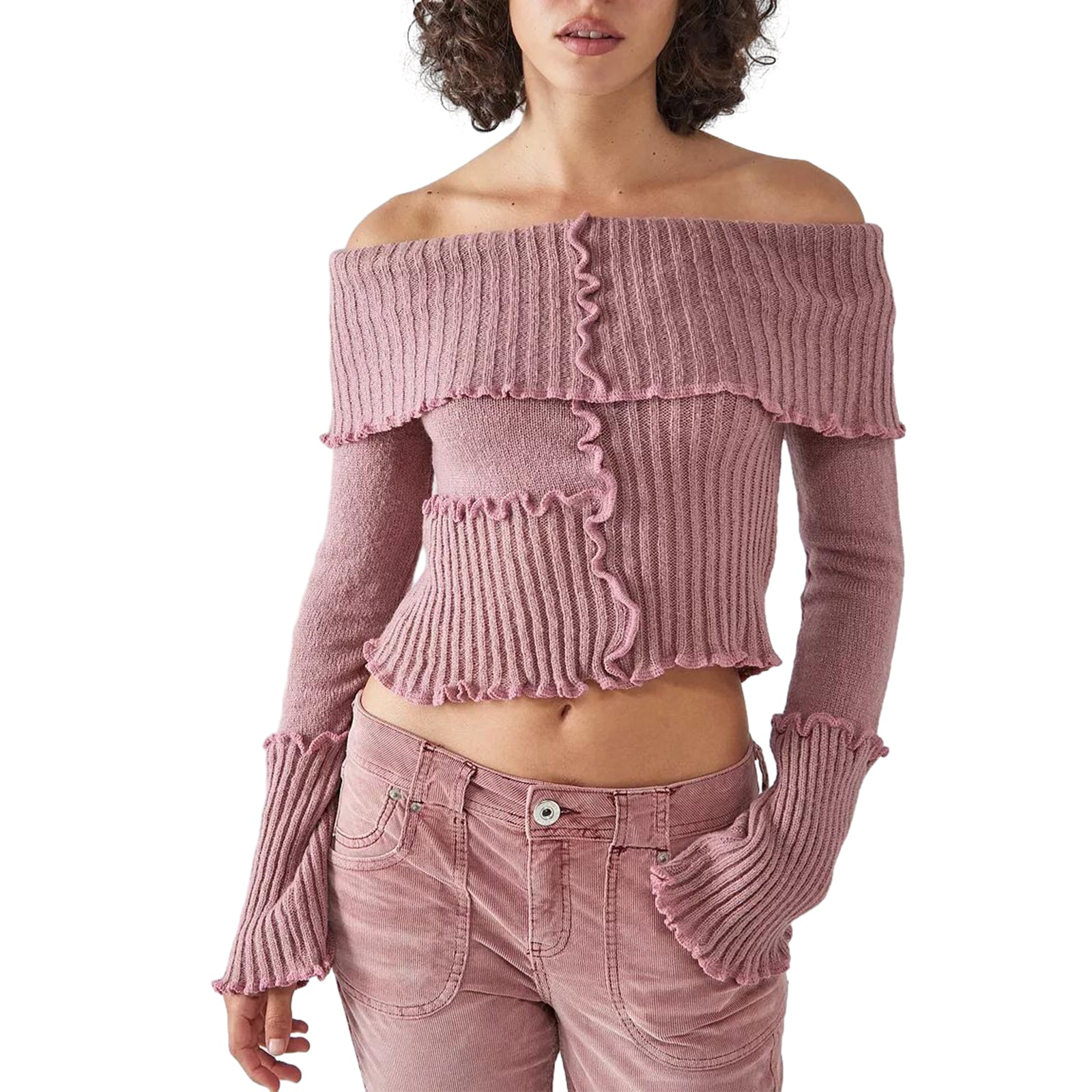 thanksgiving outfit JazzHer Women s Off-Shoulder Cropped Tops Ribbed Knit Long Sleeve Lettuce Edge Trims Sweater Slim Fitted Y2K Knitwear