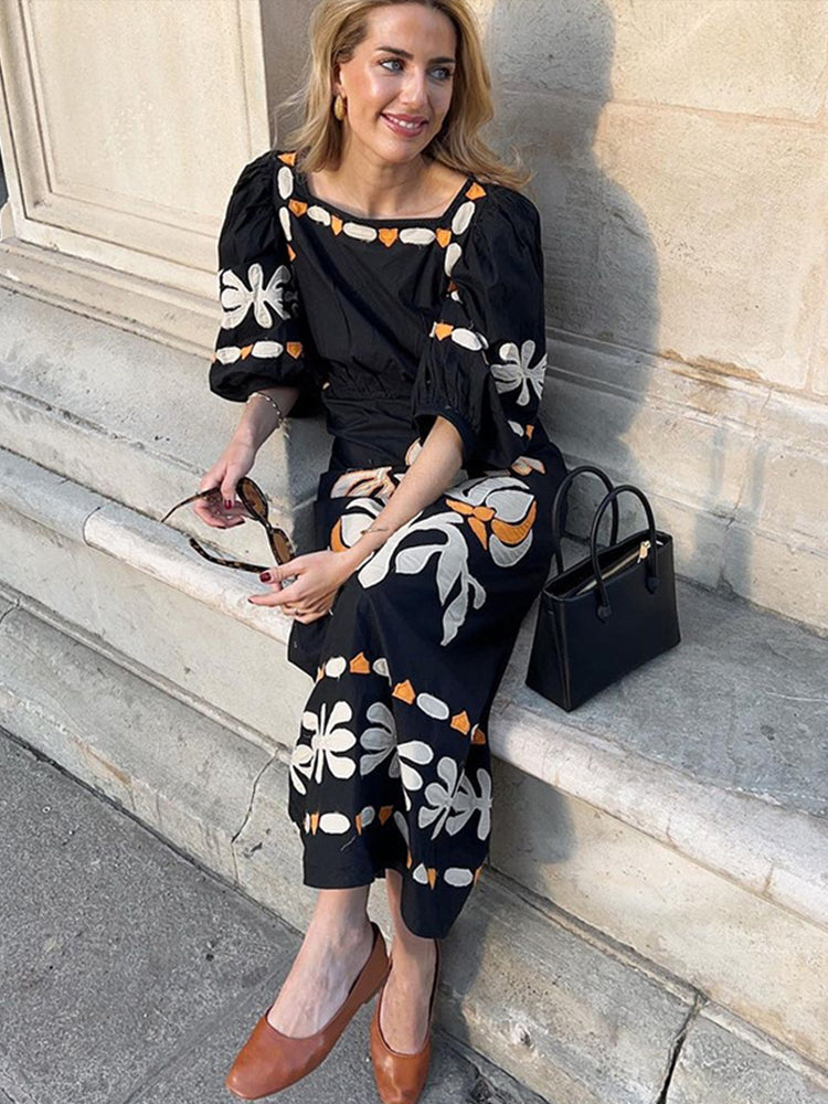 JazzHer Fashion Print Square Collar Long Dress Women Loose Puff Sleeve Hollow Out Female Dresses 2024 Summer Lady Elegant Holiday Robes